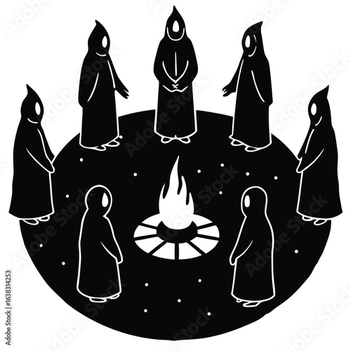 Mysterious figures in hooded robes gather around a bonfire in a circle