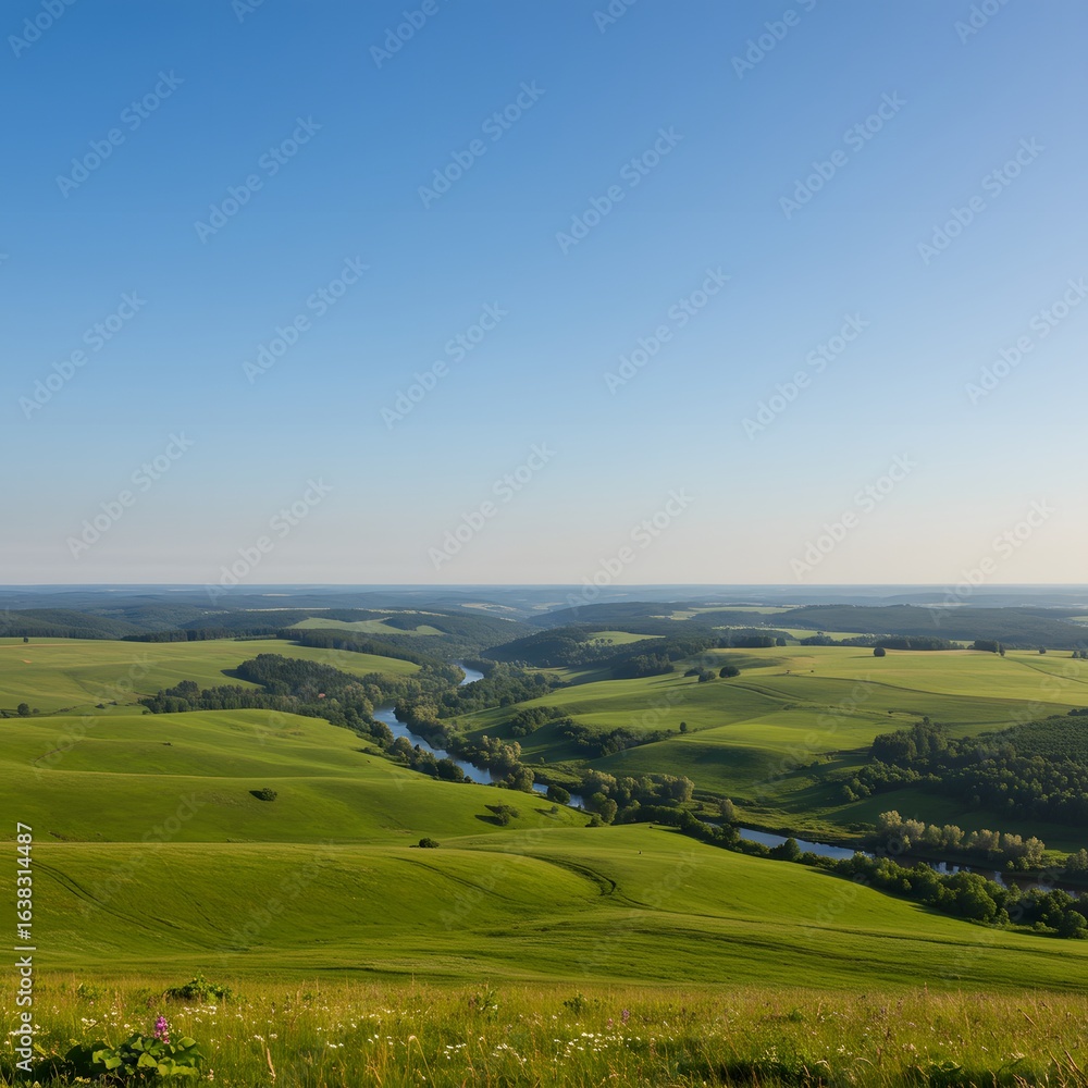 Obraz premium Breathtaking high-angle view of a serene river valley with rolling green countryside under a clear blue sky.