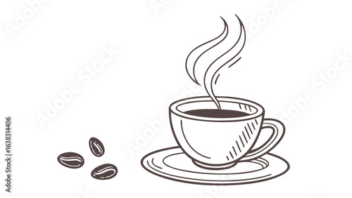 A steaming cup of coffee on a saucer with coffee beans scattered beside it in a simple line drawing