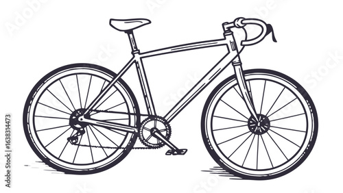 Detailed line drawing of a bicycle with racing handlebars and a thin seat on a white background