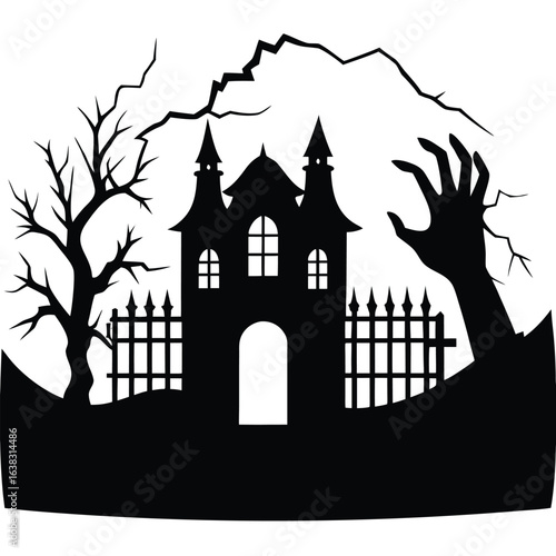 Spooky halloween scene with haunted house dead tree and zombie hand