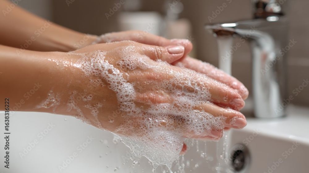Fototapeta premium young woman washing cleansing soapy hands in bathroom to prevent coronavirus infection cleaning skin care in foamrubbing hands rinsing with running water covid 19 protection concept close up view no