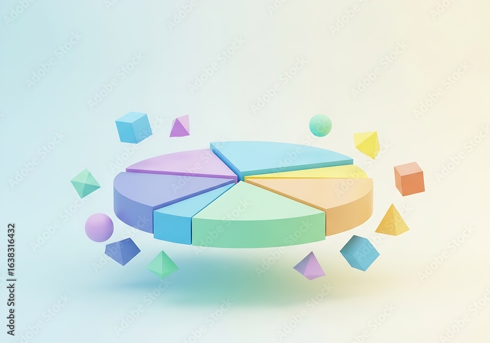 Fototapeta premium Colorful pie chart with geometric shapes floating around, isolated on white background