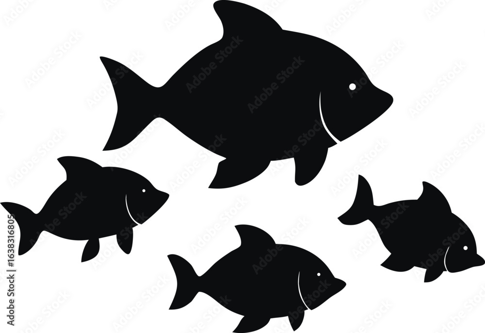 Fototapeta premium Four black fish silhouettes swimming together isolated on white background