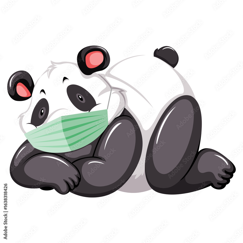 Fototapeta premium Cartoon Panda Lying Down Wearing a Face Mask: A cute and friendly panda character with a light green medical mask. Conceptual graphic for health, safety, and pandemic-related themes.