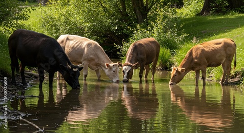 A serene rural scene of four diverse cows drinking refreshing aqua from a tranquil stream, their reflections mirrored in the calm water.
