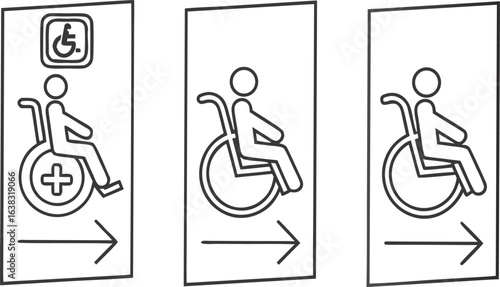 Three signs showing wheelchair access with arrow indicating direction and handicap symbol for accessibility 100
