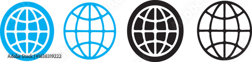 Global icon set.Transparent PNG available blue and black Internet Icon.Global network symbol for internet, international communication, geography or travel-related interfaces and educational contexts.
