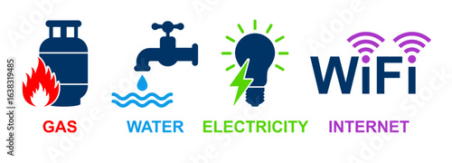 utilities - gas, drinking water, electricity, internet or wifi icon set on white. utility supply icons. public supply for public. can be used in utility bill or meter.