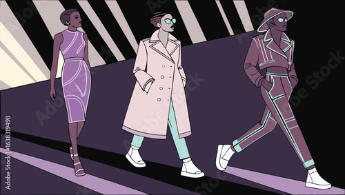 Three stylish figures walking on a runway with unique outfits and accessories in a fashion show scene