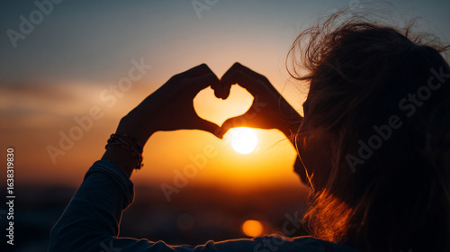 Silhouette of a woman making a heart shape with her hands against a sunset sky