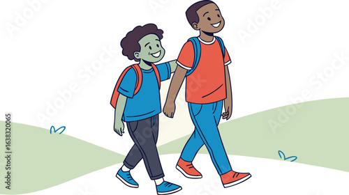 Two cartoon boys with backpacks walking together on a grassy hill with a light colored background scene