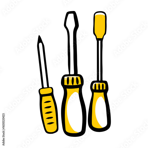 A flat design icon of three screwdrivers with yellow handles, in a hand-drawn cartoon style. This tool icon is great for websites and blogs related to home repairs, construction, and DIY projects.

