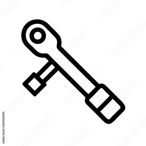 black outline icon of a ratchet wrench, suitable for websites or blogs about automotive repair, construction, DIY projects, or tools and equipment.