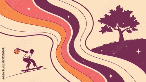 A skateboarder performs a trick against a retro background with a tree and stars, capturing the energy and style of skateboarding culture