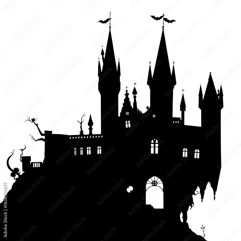 Fototapeta premium silhouette of a gothic castle with bats perched on the turrets against a white background