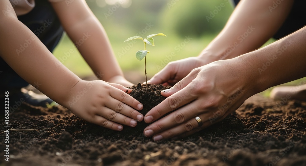 Fototapeta premium Adult and Child Planting a Tree Together