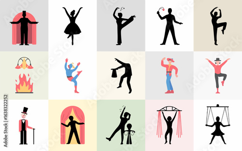 Collection of diverse performers and stage acts showcasing various artistic expressions and entertainment styles silhouette