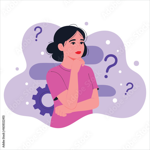 Young woman in casual clothes surrounded by question mark. Girl doubting and questioning everything. Flat cartoon vector concept illustration