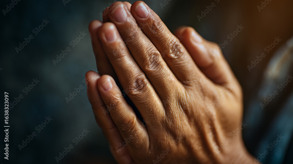 Fototapeta premium Close up of two hands pressed together in prayer with a blurred dark background