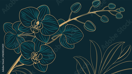 Elegant dark teal orchid branch with golden outline, a luxurious botanical design for wallpaper, textile, or decorative art