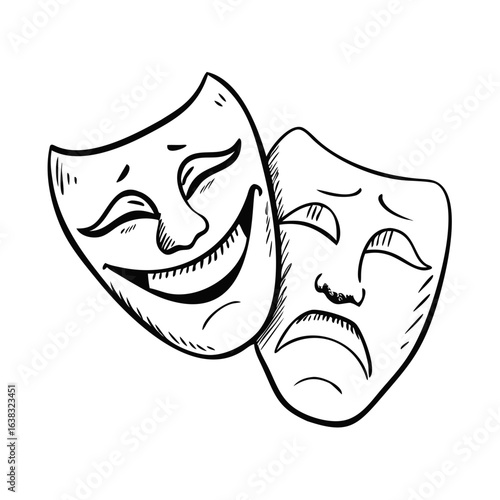 Minimalist black vector illustration of theatrical comedy and tragedy masks, symbolizing drama, performance, and stage art, isolated on a transparent background