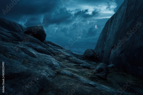 Dark, moonlit rocky landscape under stormy clouds