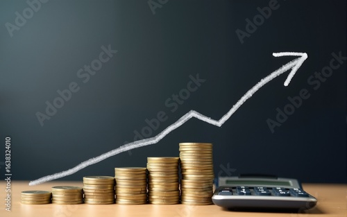 Financial growth and investment progress. Stack of coins and calculator. Steps and arrow drawn on blackboard. High quality