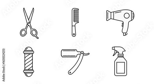 Barber tools icons set: scissors, comb, hairdryer, and razor blade in minimalist design