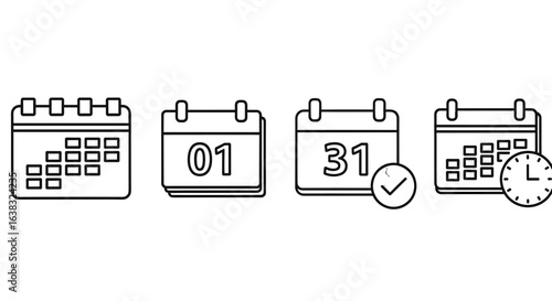 Calendar icon set. calendar planner icons for app, website, ui. reminder organizer event signs. business plan schedule. vector symbol on transparent background.
