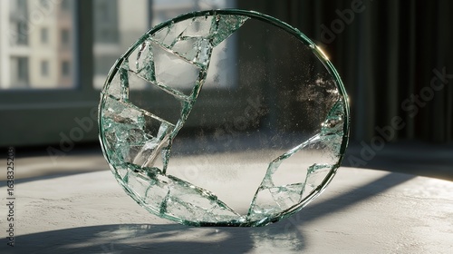 A shattered circular glass object resting on a white surface near a window with natural light shining through