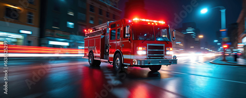 Red fire truck speeds through city streets at night, creating vibrant red, white light trails. Emergency vehicle rushes through urban landscape with flashing red lights, motion blur. Scene shows