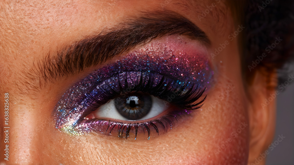 Obraz premium Close-up of a woman's eye with sparkling purple and pink glitter eyeshadow. The makeup is glamorous and eye-catching.