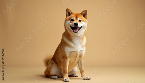 Sitting Shiba Inu Dog on Tan Background