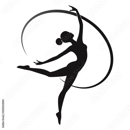 Silhouette of rhythmic gymnast performing hoop routine, black logo vector
