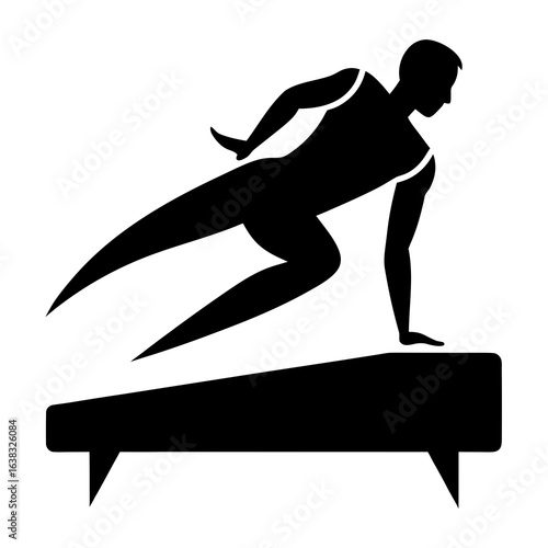 Silhouette of male gymnast on pommel horse, black sports logo design
