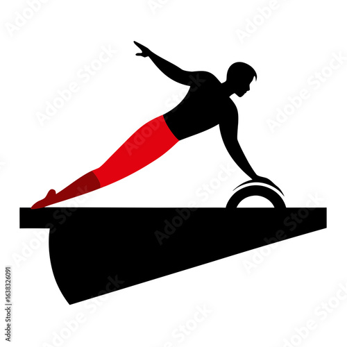 Silhouette of male gymnast on pommel horse, black sports logo design
