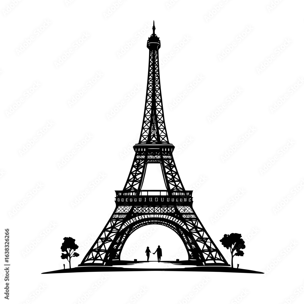 Fototapeta premium Paris's famous Eiffel Tower vector illustration, a black and white silhouette of the French architectural landmark, is a popular souvenir for European travel and tourism
