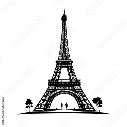 Paris's famous Eiffel Tower vector illustration, a black and white silhouette of the French architectural landmark, is a popular souvenir for European travel and tourism