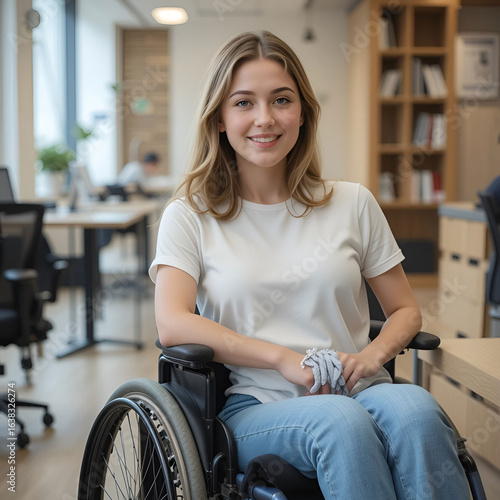A young disabled woman in casualwear sitting in a wheelchair by her workplace, representing inclusivity, empowerment.