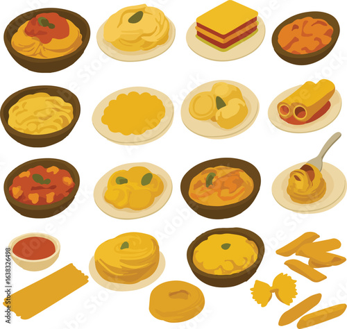 different types of pasta icons isometric vector