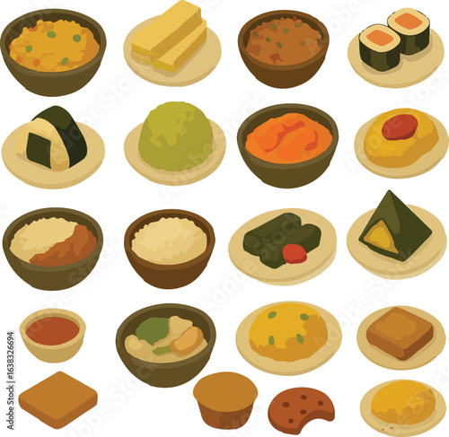 set of rice food icons isometric vector