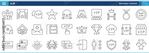 A set of line icons related to VIP. Class, medal, shop, items, red carpet, exclusive, person, and so on. Vector editable stroke.