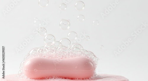 Pink soap bar covered in bubbles some with faces