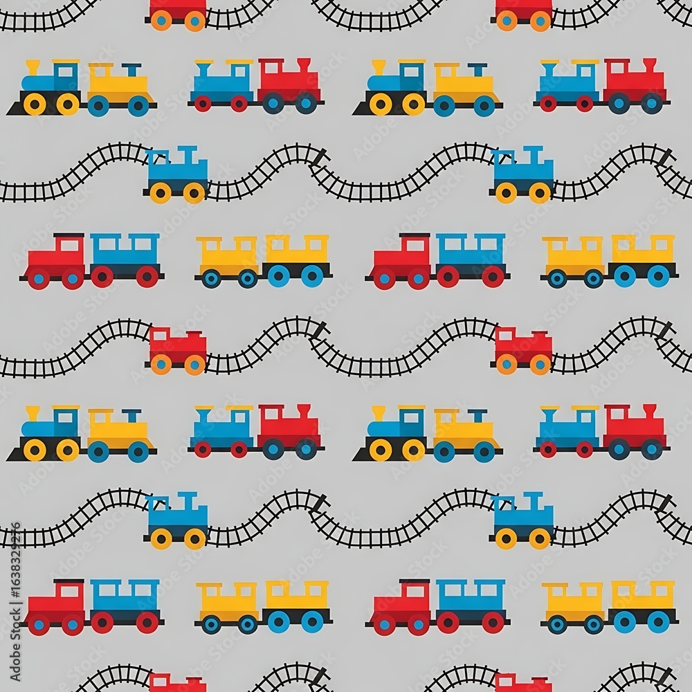 Colorful Cartoon Toy Trains on Wavy Tracks A Playful Seamless Kids Pattern. Colorful Cartoon Toy Trains on Wavy Tracks A Playful Seamless Kids Pattern.