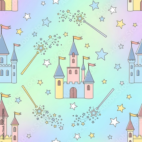 Dreamy Pastel Fairytale Pattern with Magical Castles and Star Wands.