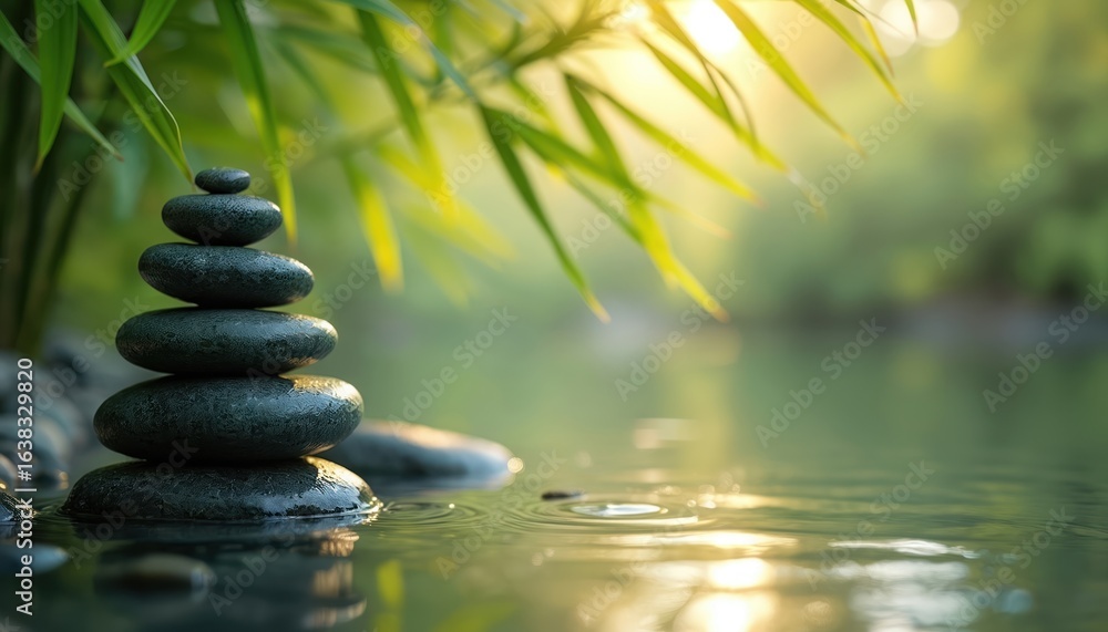 Stack of dark wet zen stones balanced in calm water with rich green bamboo leaves overhead. Sunlight filters through foliage creating soft bokeh, reflections. Offers serene natural backdrop for Stack of dark wet zen stones balanced in calm water with rich green bamboo leaves overhead. Sunlight filters through foliage creating soft bokeh, reflections. Offers serene natural backdrop for