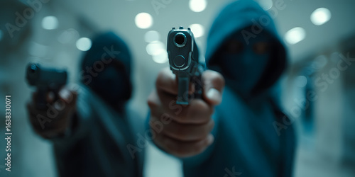 Two masked individuals pointing guns in a dark, tense atmosphere, captured in a dramatic close-up shot.

