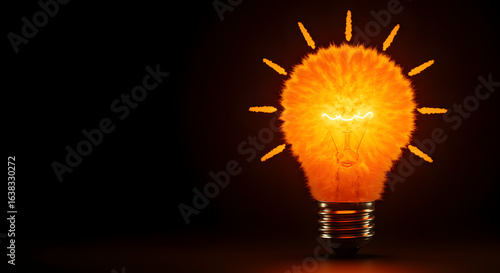 Illuminated innovative concept represented by a warm orange fur-covered light bulb emitting bright rays on a dark background showcasing unconventional brilliance and creative spark