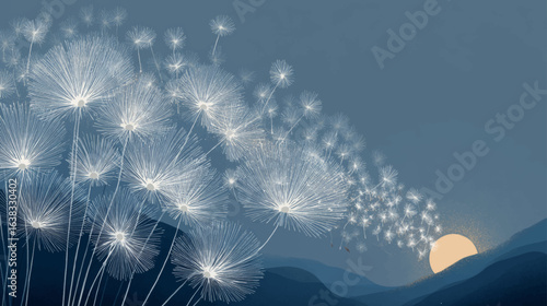 Serene moonlit meadow with dandelion seeds blowing across the night sky in elegant vector design